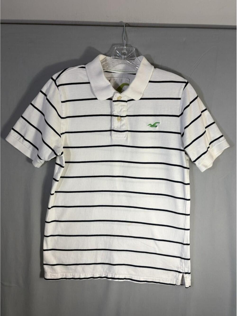 Hollister Polo Shirt Mens Medium White Black Stripe Cotton Short Sleeve Logo